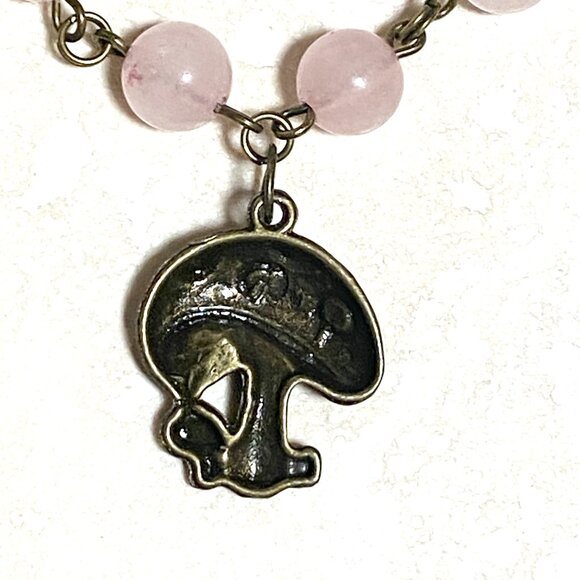 Natural Pink Rose Quartz Necklace, Bronze Round Mushroom+Genuine Gemstone Choker - Picture 7 of 14